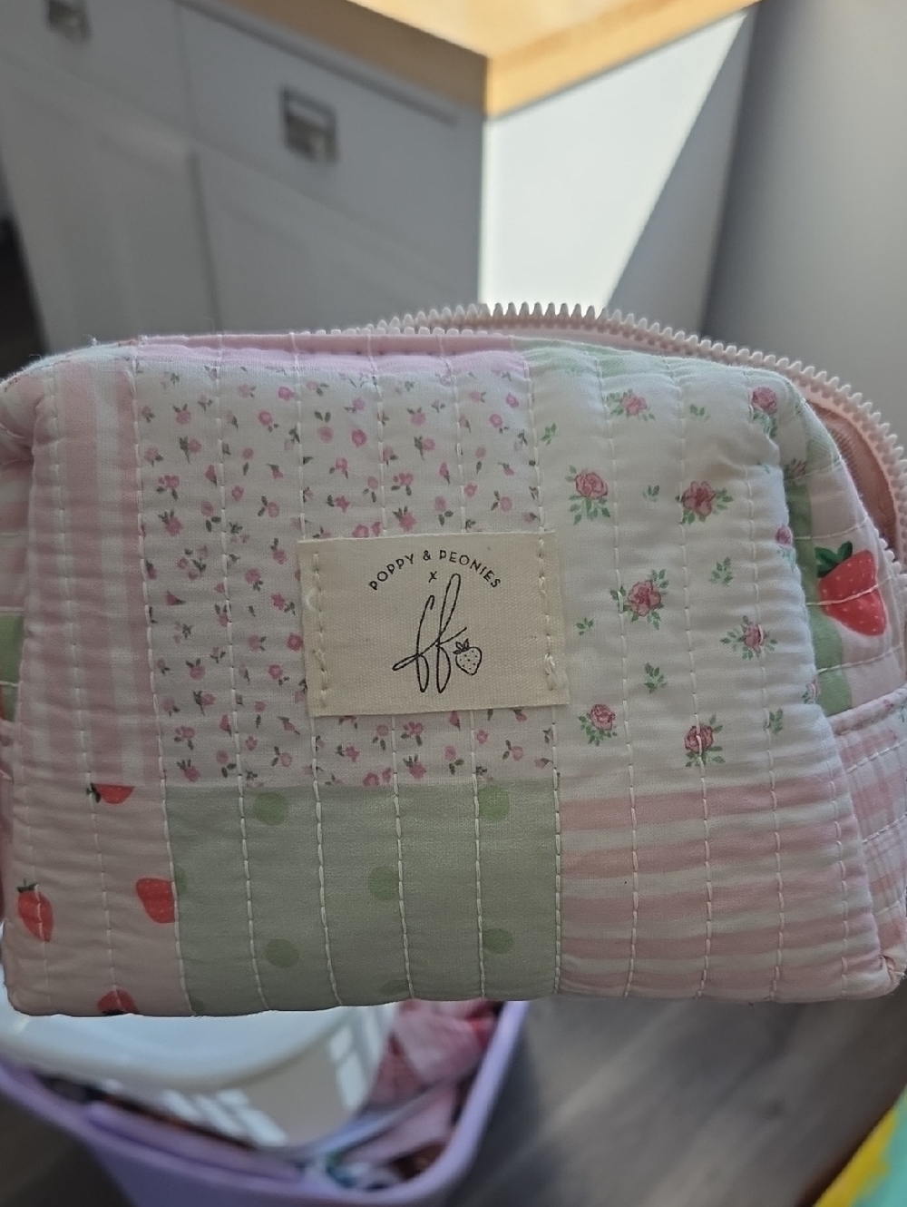 Poppy & Peonies Pastel Pink & Mint Patchwork Quilted Cosmetic Pouch
